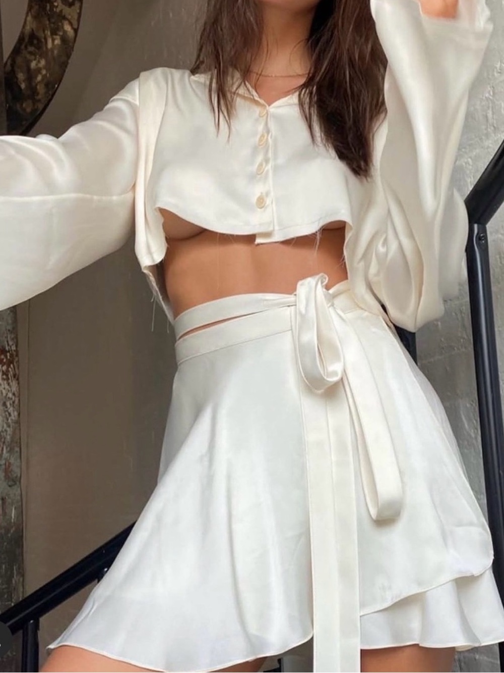Orseund Iris Ivory Silk Crop Button Long Sleeve